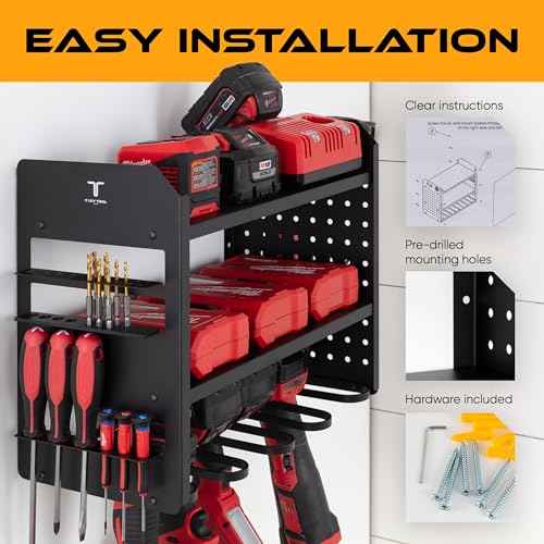 Power Tool Organizer - Wall Mount Storage for Garage Organizes 4 Cordless Drills & Tools - Heavy Duty Rack w Pegboard Sides Shelves & Hooks - Neatly Holds Screwdrivers & Drill Bits BLACK/BLACK