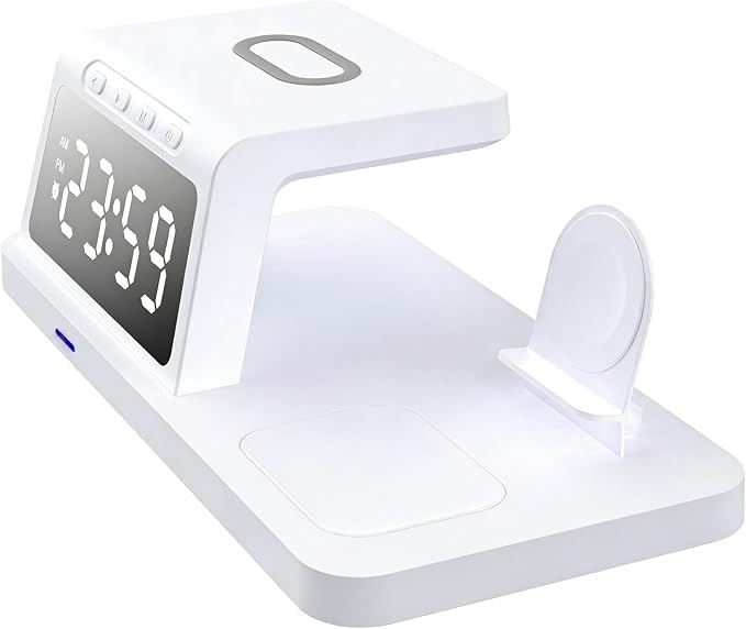 Dpofirs 3 in 1 Wireless Charging Station 15W Fast Desk Charger Stand with Clock for 15 14 13 Smartphone Watch Earbuds Multifunctional Wireless Charger (HT-506 White)