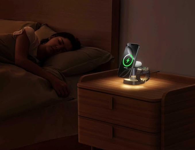 4 in 1 Magnetic Wireless Charging Station15W Fast Charging with Night Light for MagSafe Charger Stand3 in 1 Wireless Charger for iPhone 17/16/15/14/13 Pro MaxApple Watch &amp AirPodsSand Gold