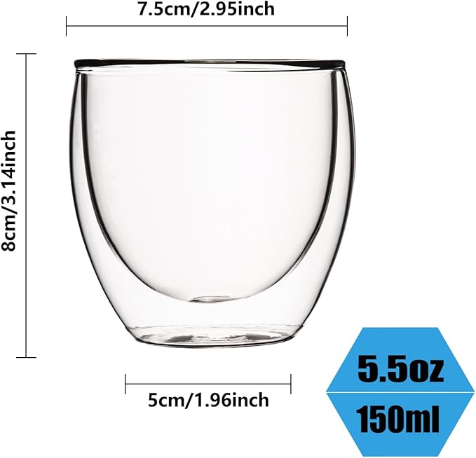 5.5oz Glass Coffee Mugs Set of 2, Double Walled Espresso Cups for Latte Cappuccino Cocoa Milk Cafe Juice, Clear Glass Tea Cup Set Glassware Gift for Christmas Birthday
