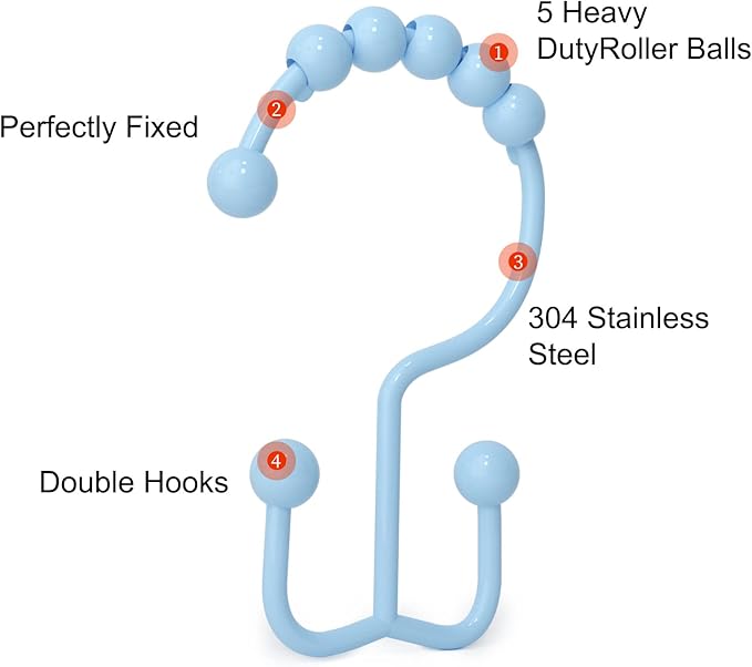 Shower Curtain Hooks, Goowin Shower Curtain Rings, Stainless Steel Shower Curtain Hooks Rust Proof Free Sliding Double Shower Hooks for Curtain, Shower Curtains & Liners (Blue)