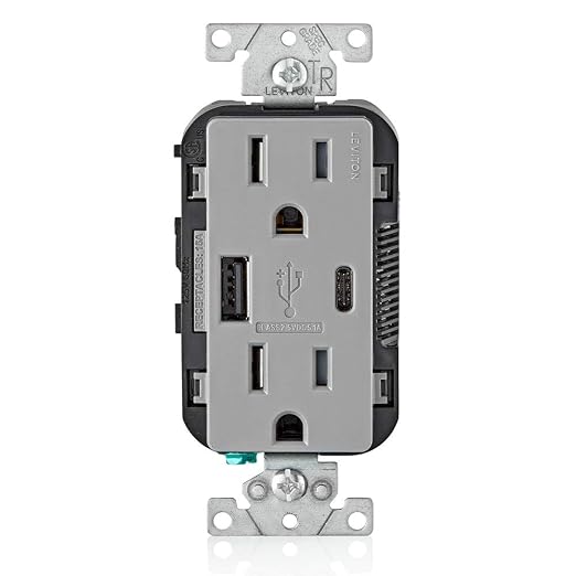 Leviton 30W (6A) USB Dual Type-C/C Power Delivery In-Wall Charger with 15A Tamper-Resistant Outlet USB Charger for Smartphones Tablets Laptops T5635-E Black