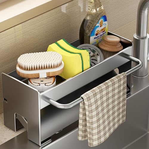 Kitchen Sink Caddy Organizer,Sponge Holder for Kitchen Sink with Drain Board,Stainless Steel - color: Gray
