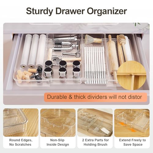 Expandable Drawer Organizer-Adjustable Shallow Tray, 11" to 19" Width,1.97" Height, Clear Plastic Storage for Bedroom, Living Room, Kitchen/Bathroom/Office/Cosmetic/Tools/Cutlery/Stationery