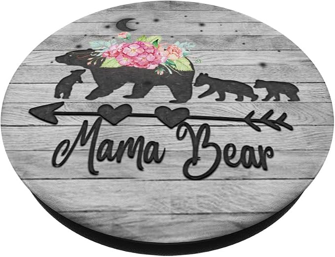 Mama Bear three cubs Pink Floral Flowers Mom mother Grey PopSockets Adhesive PopGrip