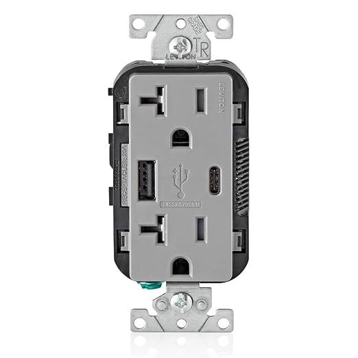 Leviton Type A &amp Type-C USB In-Wall Charger with 20A Tamper-Resistant Outlet USB Charger for Smartphones and Tablets. Not for Laptops T5833-E Black