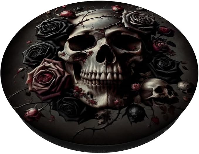 Skull and Roses Floral Black Dark Goth Horror Skull PopSockets PopGrip for MagSafe