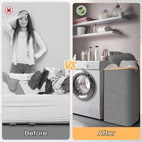 BALEINE Laundry Hamper with Lid, Tall Laundry Baskets with Bamboo Pull Handles, Large Laundry Bin with Internal Support (26 Gal/100L, Grey) - color: Grey, size: 100 liters