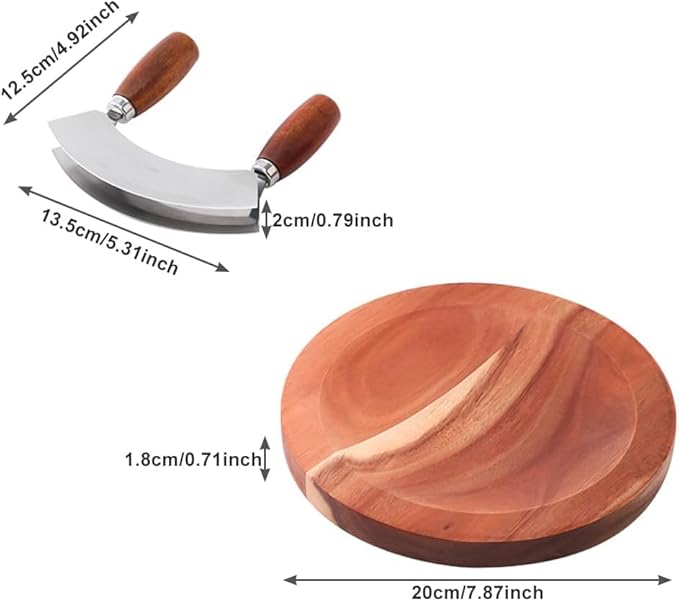 TIYOORTA MEZZALUNA KNIFE AND CUTTING BOARD – Double Blade herb chopper ULU Knife with 8 inch Recessed Board Set– For Efficient Mincing Nuts n Veggies