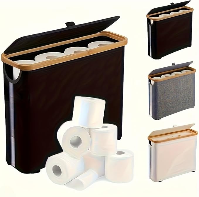 Toilet Paper Storage Basket with Lid for 12 Rolls, Waterproof Oxford Cloth with Bamboo Frame, Free Standing Toilet Paper Holder, Collapsible Bathroom Organizer Bin, Beige (Black)