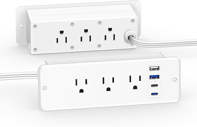 CCCEI 6 Outlets Dual Side Recessed Power Strip with 45W USB C Port, Furniture Flush Mount, Under Desk, Desk Top Multiple Outlet, Hidden Charging Station for Conference Table, Nightstand, White. 10FT.