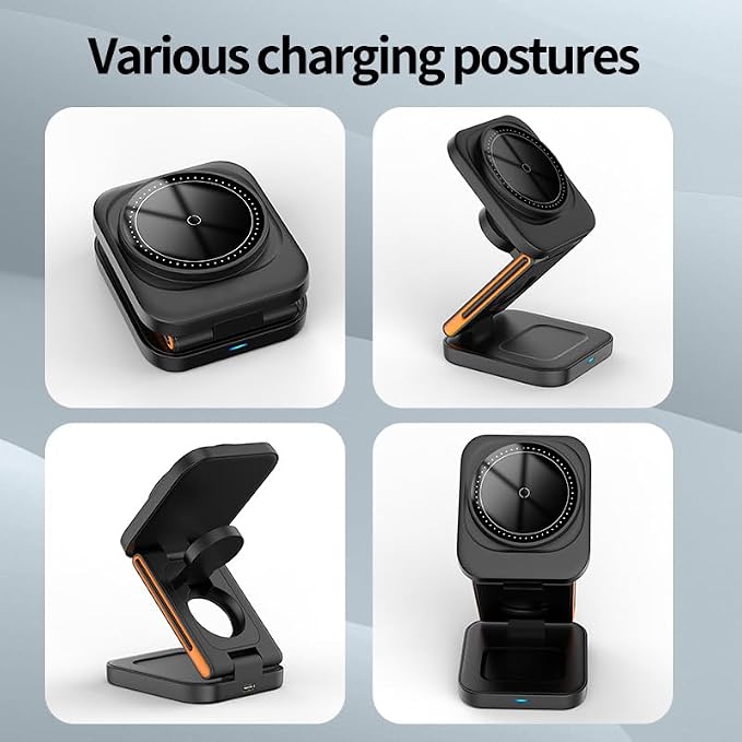 3 in 1 Wireless Charging Station Foldable Magnetic Travel Charger Stand Compatible with iPhone 16/15/14/13/12 SeriesWatch(20W USB-C Charger Included)