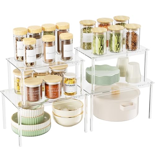 Delamu Clear Kitchen Cabinet Organizer, Set of 4 Acrylic Shelf Organizer for Cupboard Organizers and Storage, Stackable Cabinet Shelf for Plate, Dish, Bowl, Cup & Mug, 11.7" W x 7.7" D x 6.3" H - size: Set of 4