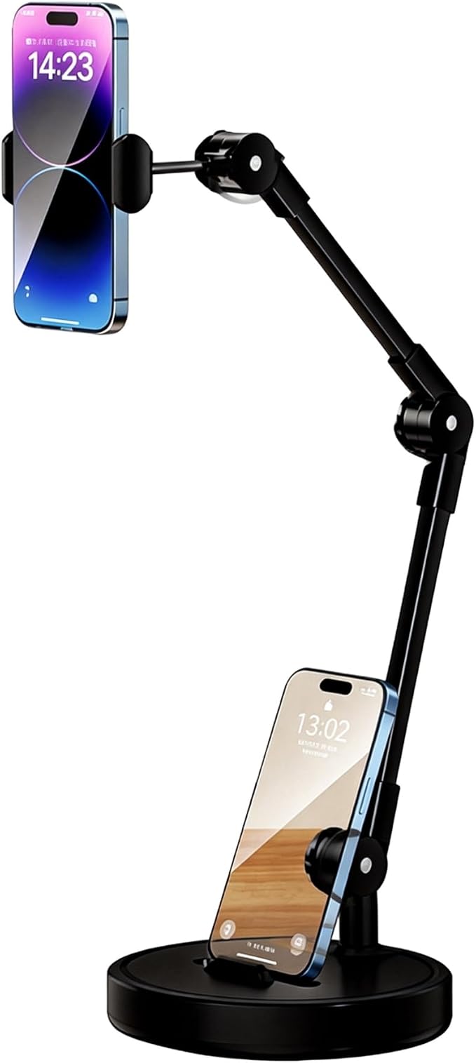 Dual Phone Stand for Desk 2-in-1 Holder with 762g Weighted Base 360° Adjustable Arm for Live Streaming &amp Learning