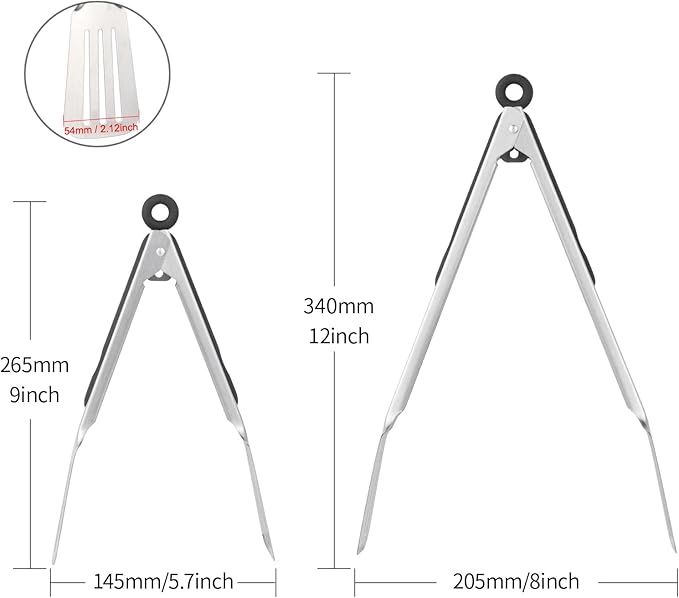 Lebabo Tongs for Cooking, Set of 2 Metal Spatula Tongs for Grilling, Black