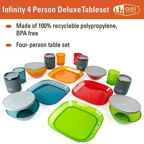 GSI Outdoors - Infinity 4 Person Deluxe Nesting Table Set Multicolor Durable, Break Resistant Plates, Bowls, Mugs and Cups