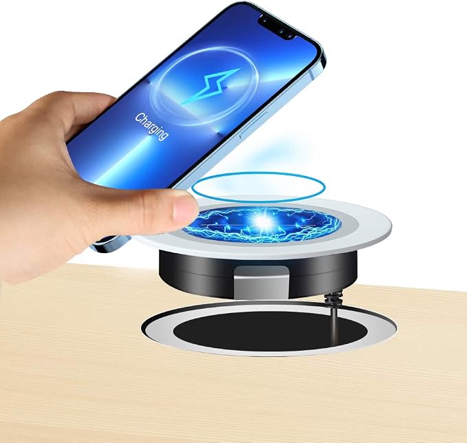Desk Wireless Charger JE Make IT Simple Desktop Grommet Power Wireless Charging Pad for iPhone 16/15/14/13/12 Series Samsung Airpods and All Phones with Wireless Charging (Black)