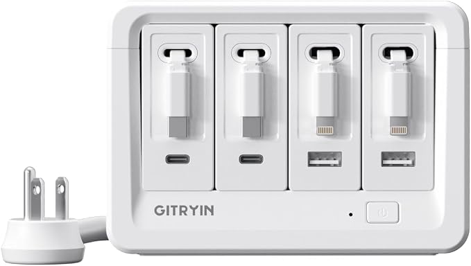 2 Lightning 2 Type-C Retractable Wall Chargers with 2 USB A Ports and 1 Power Strip 12-in-1 Modular Charging Station