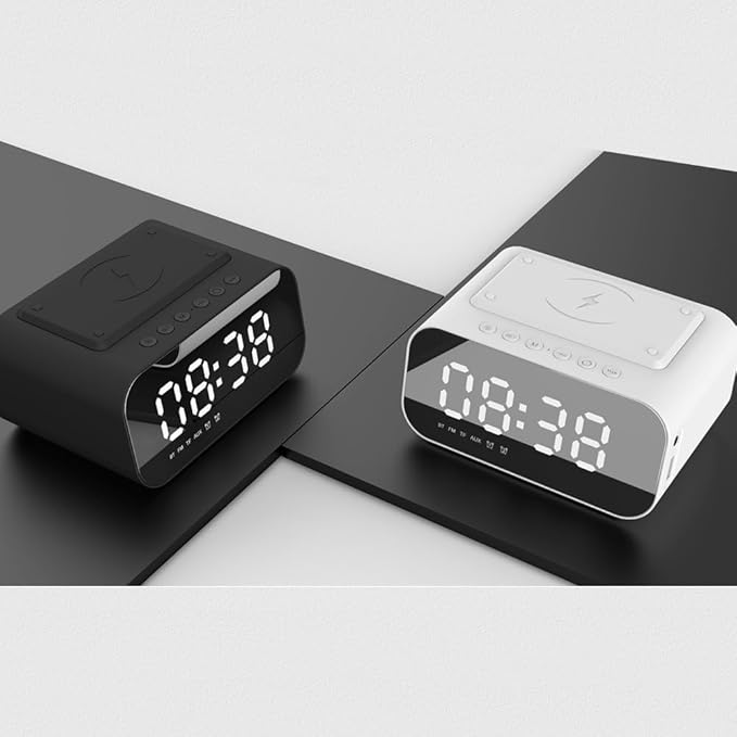 IHAO 7in1 Multifunctional Digital Alarm Clock with 15W Fast Wireless Charger Bluetooth Speaker LED Display Clock FM Radio TF Card, AUX Input, USB Port Dual Alarm for Bedroom and Office-BT510 White