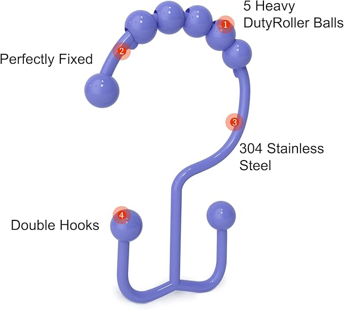 Shower Curtain Hooks, Goowin Shower Curtain Rings, Stainless Steel Shower Curtain Hooks Rust Proof Free Sliding Double Shower Hooks for Curtain, Shower Curtains & Liners (Purple)