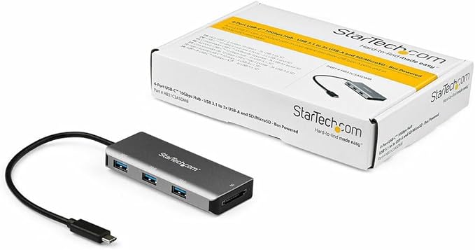 StarTech.com 3 Port 10Gbps USB C Hub with SD Card Reader - 3x USB-A & 1x SD Slot - Portable USB 3.1 Type C Adapter Hub - Laptop Hub - USB Bus Powered - Thunderbolt 3 Compatible , TAA (HB31C3ASDMB)