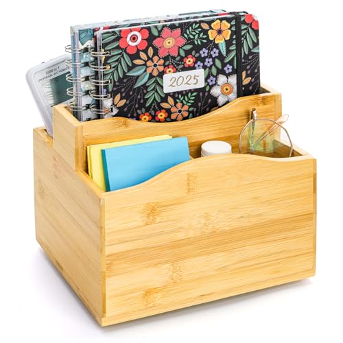 DEAYOU Bamboo Rotating Remote Caddy, 360 Degree Spinning Remote Control Holder, 5 Compartment Revolving Nightstand Bedside Table Organizer for Controller, Pen, Phone, Mail, Calculator, Office