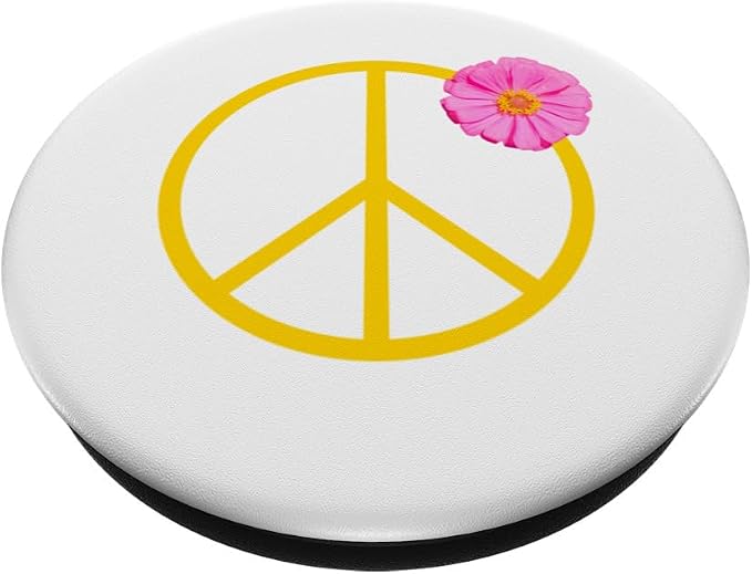 Pretty Pink Flower on Yellow Peace Sign PopSockets Adhesive PopGrip