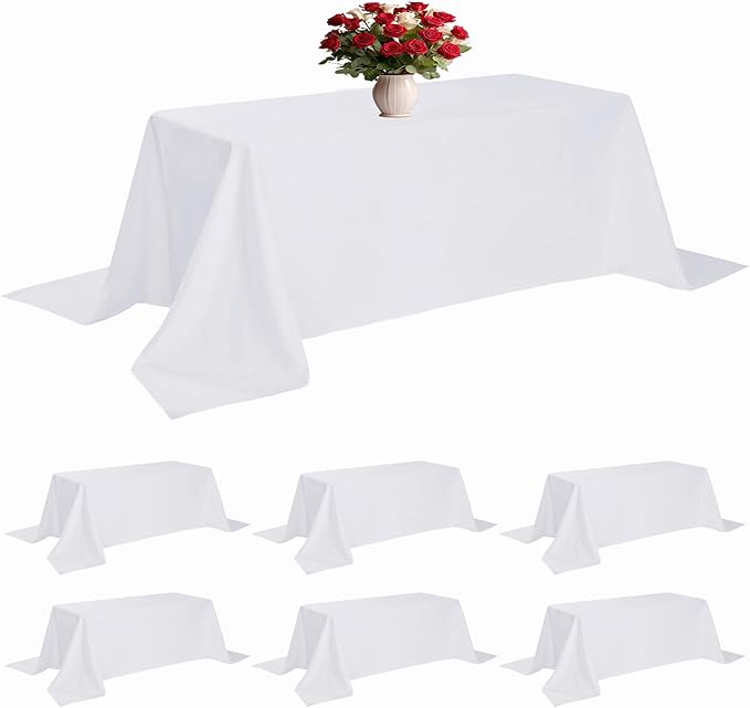 6 Pack White Tablecloth 90 x 132 Inch Table Cloth for 6 Foot Rectangle Tables, Wrinkle Resistant Washable Polyester Fabric Table Covers for Party, Wedding,Dining,and Banquet