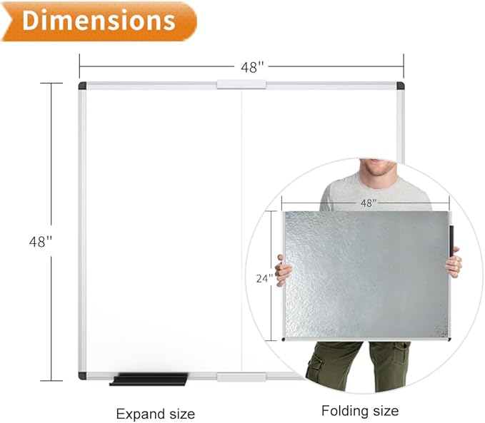 VIZ-PRO Magnetic Foldable Whiteboard, 48 x 48 Inches, Dry Erase Wall Mounted Board for School Office and Home