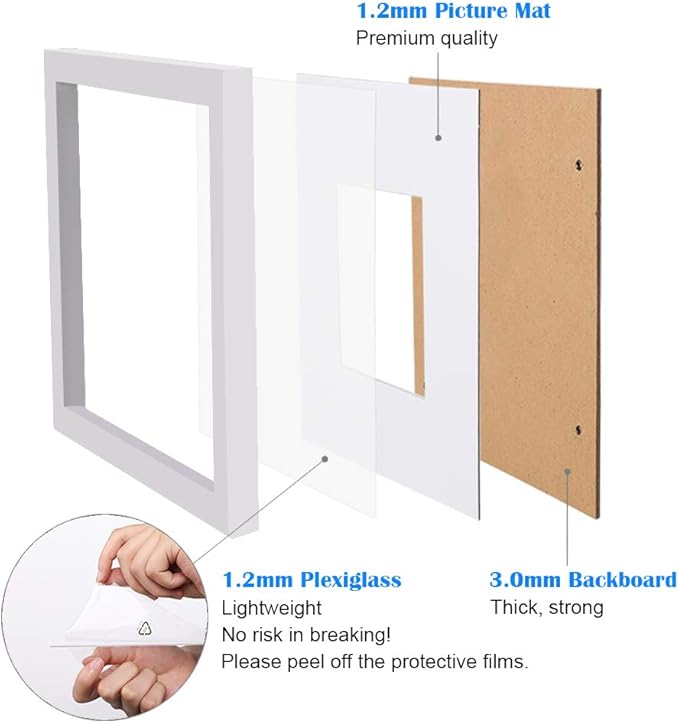 Egofine 16x20 Solid Wood Picture Frame, Made of Solid Wood Covered by Plexiglass 11x14/12x16 with Mat 16x20 without Mat, Poster Frame for Wall Mounting Photo Frame Vertically or Horizontally, White