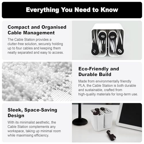 Cable Organizer with Multiple Compartments, Secure Cable Ends, Prevent Tangling, Tidy Workspace, Charging Solution, Desk Organizer Cord Management, White Plastic