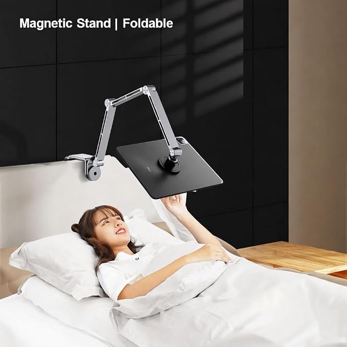 Phone/Tablet Metal Holder Stand Grey CT9 | Heavy Duty Adjustable Foldable Aluminum Universal Lazy Bracket 360° Rotation Flexible Long Arm For 4-13 Inch Devices