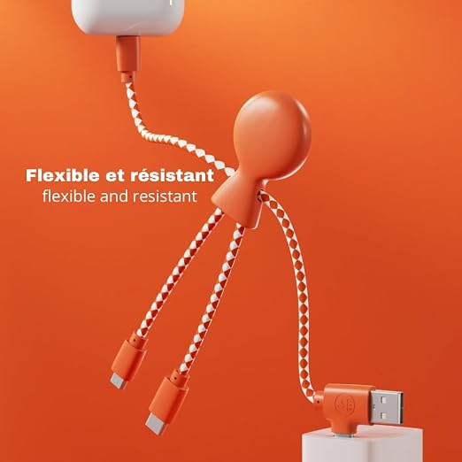 Xoopar - Mr Bio 4 in 1 Multi USB Cable Octopus Design Black - Universal Recycled Plastic Charger - USB Plug - USB-C - Lightning - Micro USB for Universal Smartphone