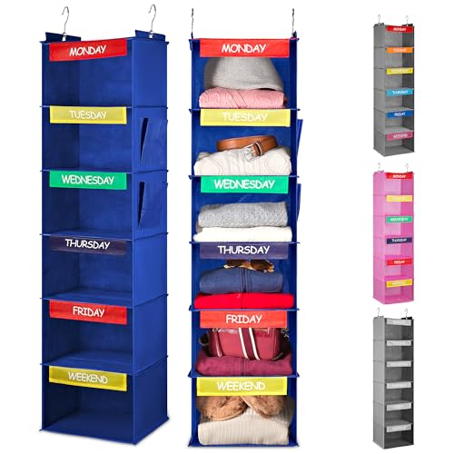 Handy Laundry Hanging Clothes Organizer for Kids - 6-Shelf Closet Daily Clothing Organization Labeled Shelves with Days of The Week Monday Through Friday, Weekday and Weekend (Blue) - color: Blue