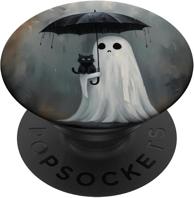 Ghost Holding Umbrella with Cat Halloween PopSockets Adhesive PopGrip