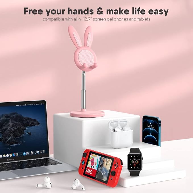 OATSBASF Cell Phone Stand Adjustable Cute Bunny Phone Stand for Desk Kawaii Phone Holder Stand Compatible with All Mobile Phones iPhone Kindle Switch (Green)