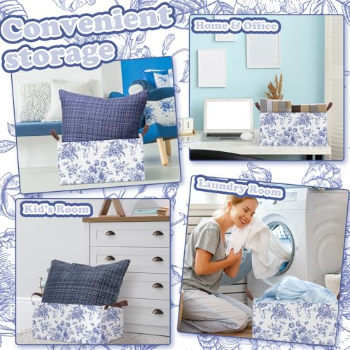 Boao 3 Pcs Blue Floral Storage Bin Wildflowers Collapsible Large Storage Baskets for Gifts Canvas Laundry Basket Foldable Box with Handle for Office Home Bedroom Clothes - style: Blue Flowers