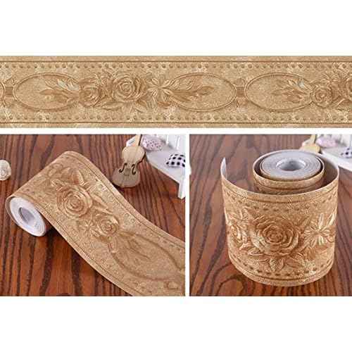 REDODECO 3D Flower Pattern Molding Peel Stick Wall Border for Home Decor Bathroom Kitchen,4 inch by 16.4 feet(Gold)