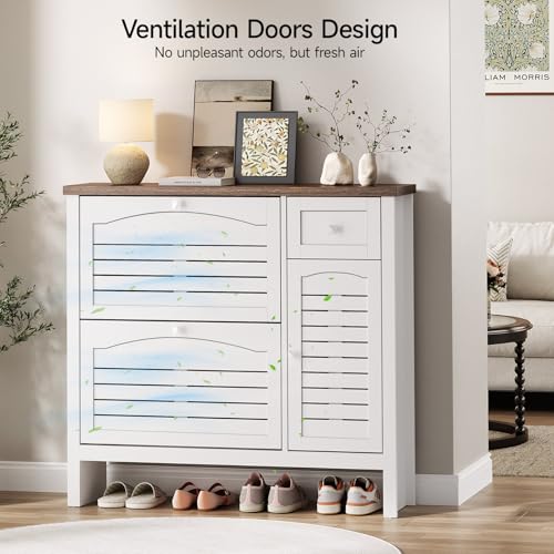 ONBRILL Shoe Storage Cabinet with 2 Flip Drawers, 1 Drawer, 1 Side Cabinet, Narrow Shoe Organizer with Ventilated Grille Panel & Movable Shelves, Freestanding Hidden Shoe Rack for Entryway (White)