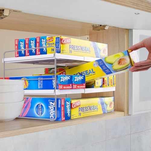 Cirhy Pantry Organizers and Storage,3 Tiers Expandable Foil and Plastic Wrap Organizer, Adjustable Kitchen Cabinet Shelf Organizer, Shelves Storage Rack for Cabinet Countertop (9.8" To 15.6" L) 2PCS - style: Foil and Wrap Organizer-2pcs