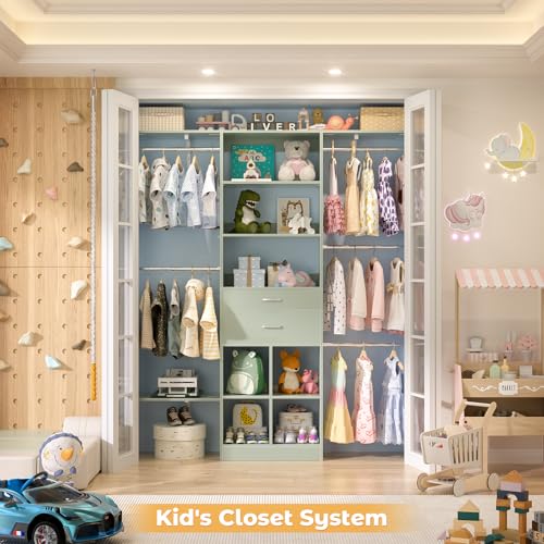 5FT Small Closet System, Baby Closet Organizer System with Wooden Drawers, 60 Inches Walk in Closet System with 5 Hanging Rods and 3 Reversible Hanging Shelving, Crab Green - color: Crab Green, size: 5 FT