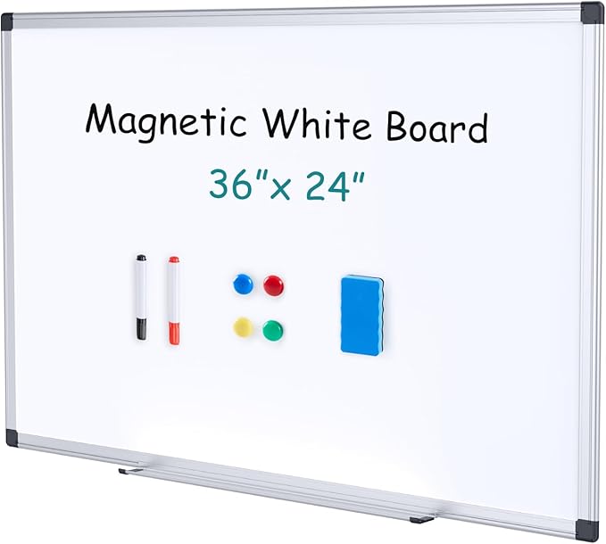 OLIXIS Magnetic White Board, Dry Erase Board for Wall 36" x 24", Whiteboard with 1 Dry Eraser & 2 Multicolor Markers & 4 Magnetic Pins, Aluminium Frame for Home, School, Office, White