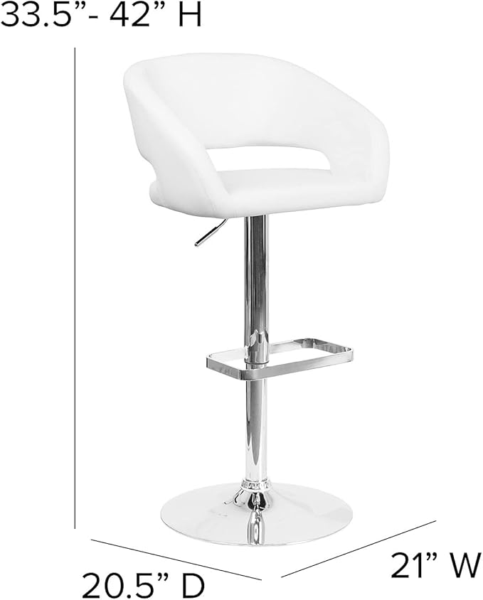 Flash Furniture Erik Contemporary Adjustable Height Barstool with Footrest and Rounded Mid-Back, Upholstered Bar or Counter Height Stool, White/Chrome