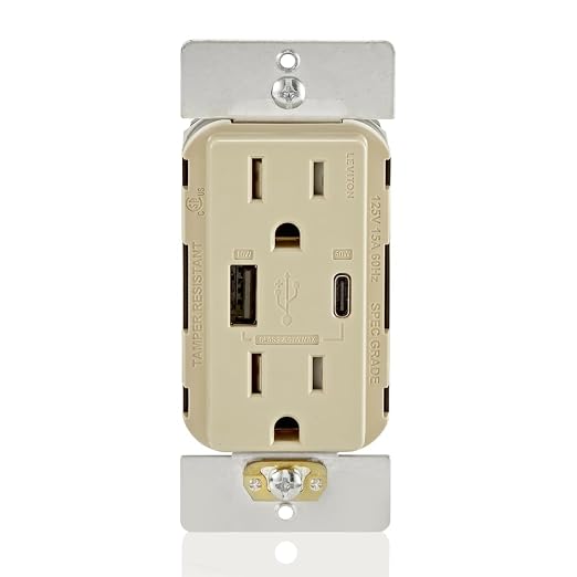 Leviton 30W (6A) USB Dual Type-C/C Power Delivery In-Wall Charger with 15A Tamper-Resistant Outlet USB Charger for Smartphones Tablets Laptops T5635-E Black