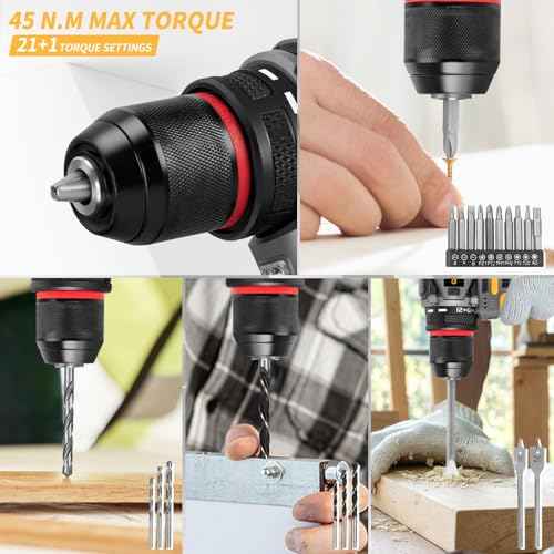 QUDODO Brushless Compact Drill Tool Set, 120PCS 45N. m 18V Cordless Drill Kit with 2 Battery, Woman Household Tool Kit with Electric Driver, Taladro Set with Inal?mbrico for Daily Home Basic Repair