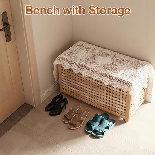 Solid Wood Storage Bench, Large Storage Bin Deck Box with Removab Bag, Wood Coffee Table for Entryway, Living-room, Bedroom, Patio, DIY Bunny House, 39x20x20in