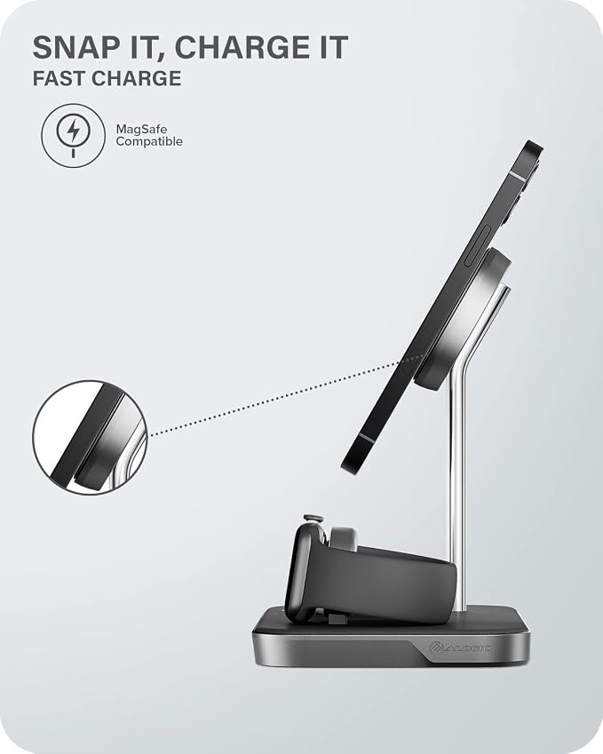 ALOGIC MagSpeed 3-in-1 Wireless Charging Station MagSafe Compatible Charger for iPhone 15/14/13/12 Series Apple Watch &amp AirPods Charging Case LED Indicator