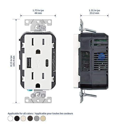 Leviton 30W (6A) USB Dual Type-C/C Power Delivery In-Wall Charger with 15A Tamper-Resistant Outlet USB Charger for Smartphones Tablets Laptops T5635-E Black