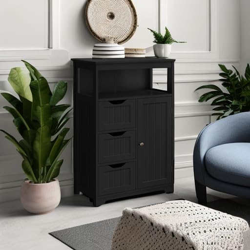 Yaheetech Bathroom Floor Cabinet, Free Standing Wooden Storage Cabinet Multiple Tiers Storage Organizer for Bathroom/Living Room/Entryway, Black