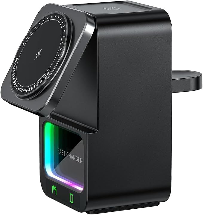 4 in 1 Magnetic Wireless Charging Station Foldable Wireless Charger Stand with Bluetooth Speaker for iPhone 16 15 14 13 Series for AirPods 3/2/Pro for Apple Watch Ultra/SE/9/8/7/6/5/4/3/2/1 (Black)
